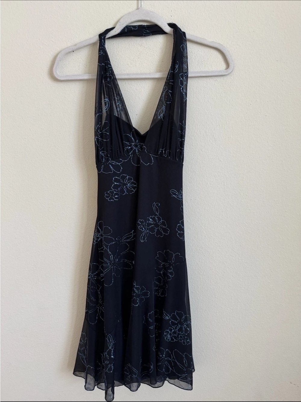 Vintage Y2K Navy Blue Sparkle Halter Mini Holiday Dress Size S Lipstick